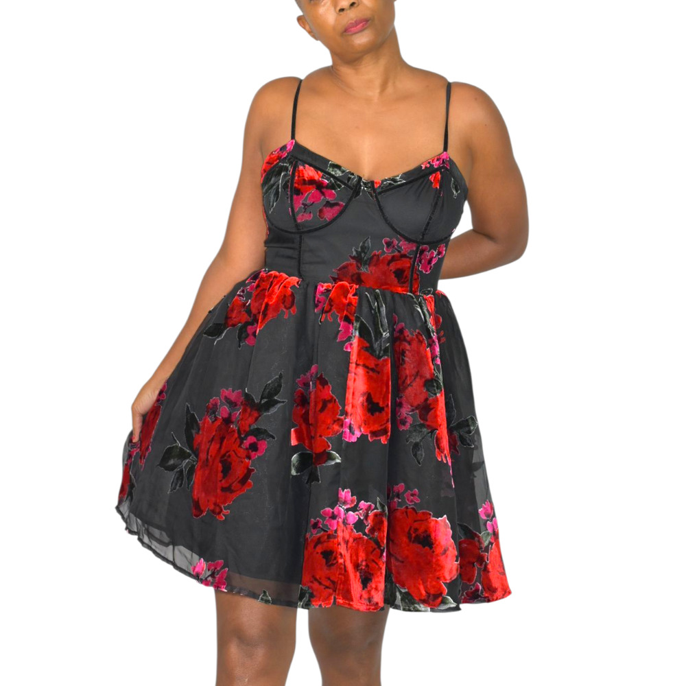 Betsey Johnson Lucia Bustier Dress Red Floral Mini Velvet Burnout Babydoll Large